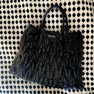 Miu Miu large matelassé shopper tote with black crackle leather.